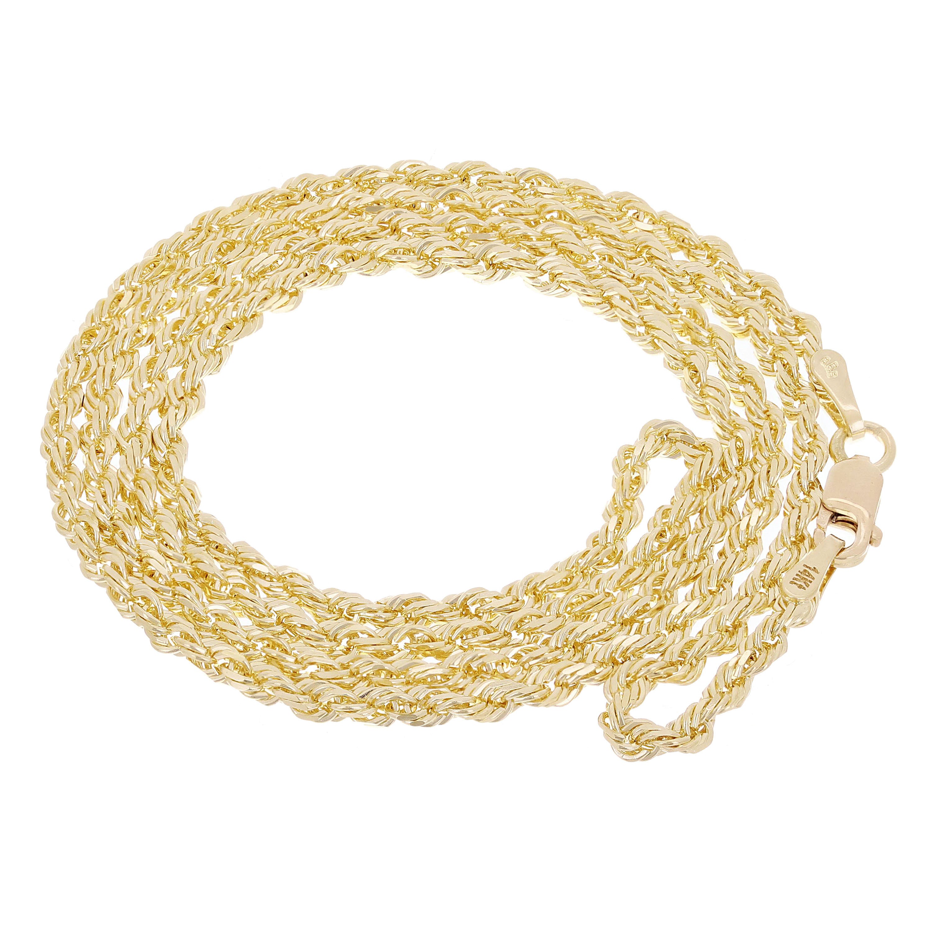 14k Yellow Gold Solid Diamond Cut Rope Chain Necklace 2.5mm 16", 18", 20", 22", 24", 26", 28", 30" Questions & Answers