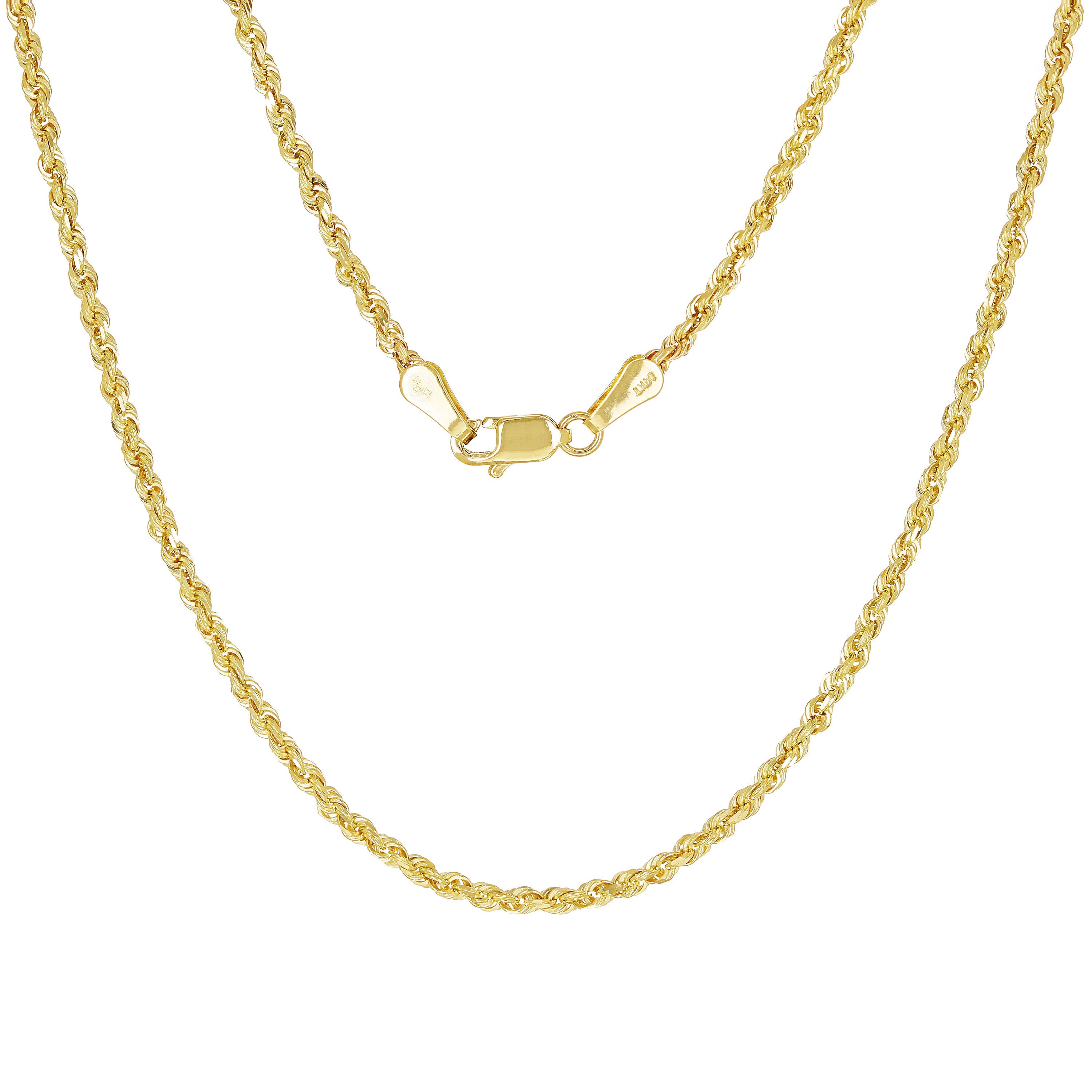 14k Yellow Gold Solid Diamond Cut Rope Chain Necklace 1.5mm 16", 18", 20", 22", 24", 26", 28", 30" Questions & Answers