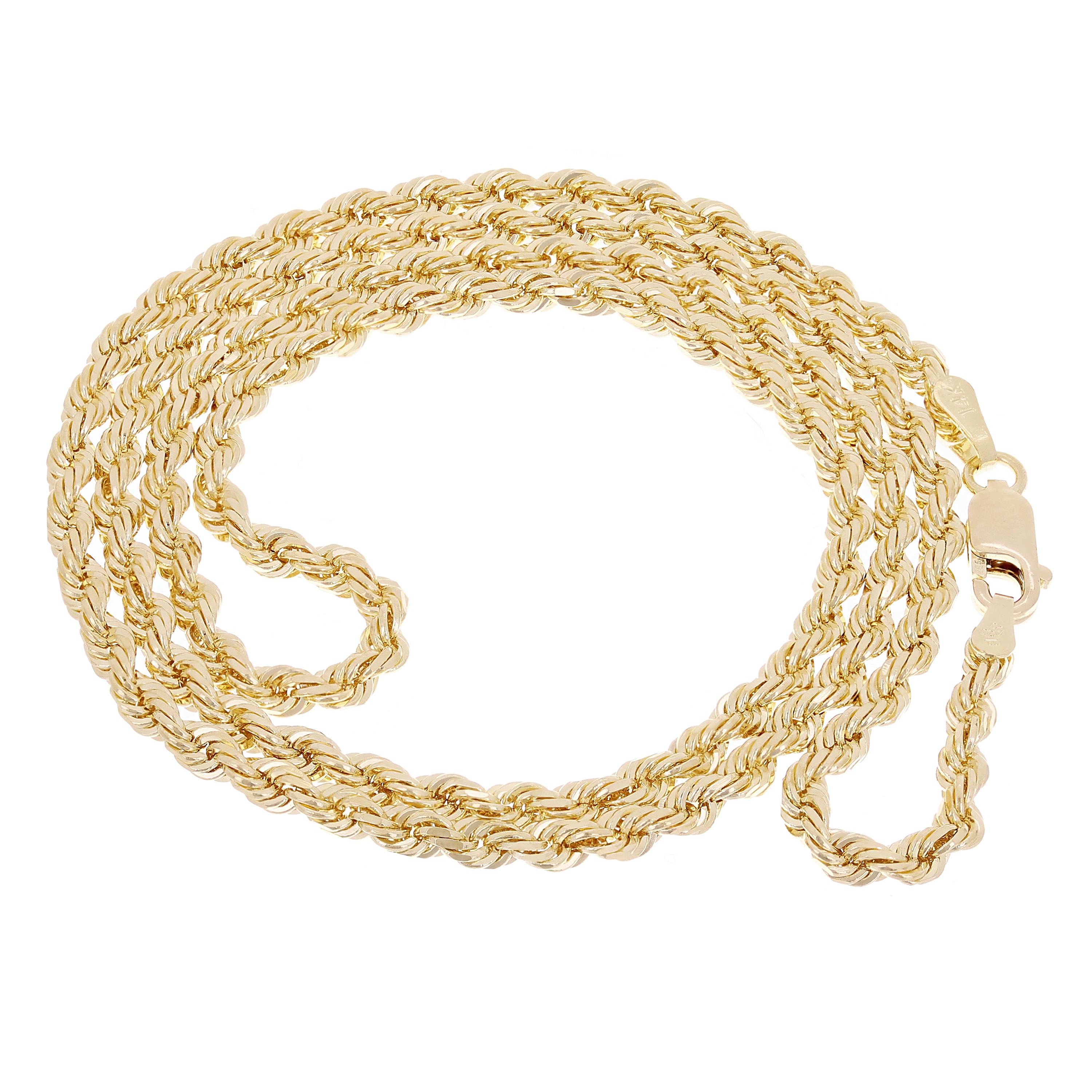 14k Yellow Gold Solid Diamond Cut Rope Chain Necklace 3mm 16", 18", 20", 22", 24", 26", 28", 30" Questions & Answers